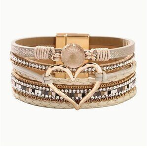 Boho Chic Crystal Beads & PU Leather Heart Cuff Bracelet